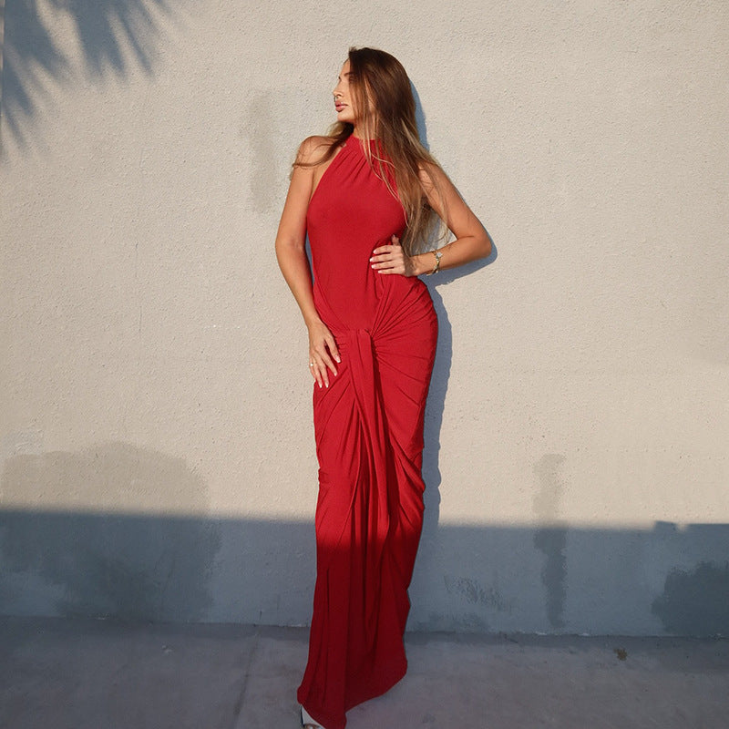 Pleated Halter Neck Long Dress
