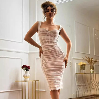 Pleated Mesh French Elegant Women Dress