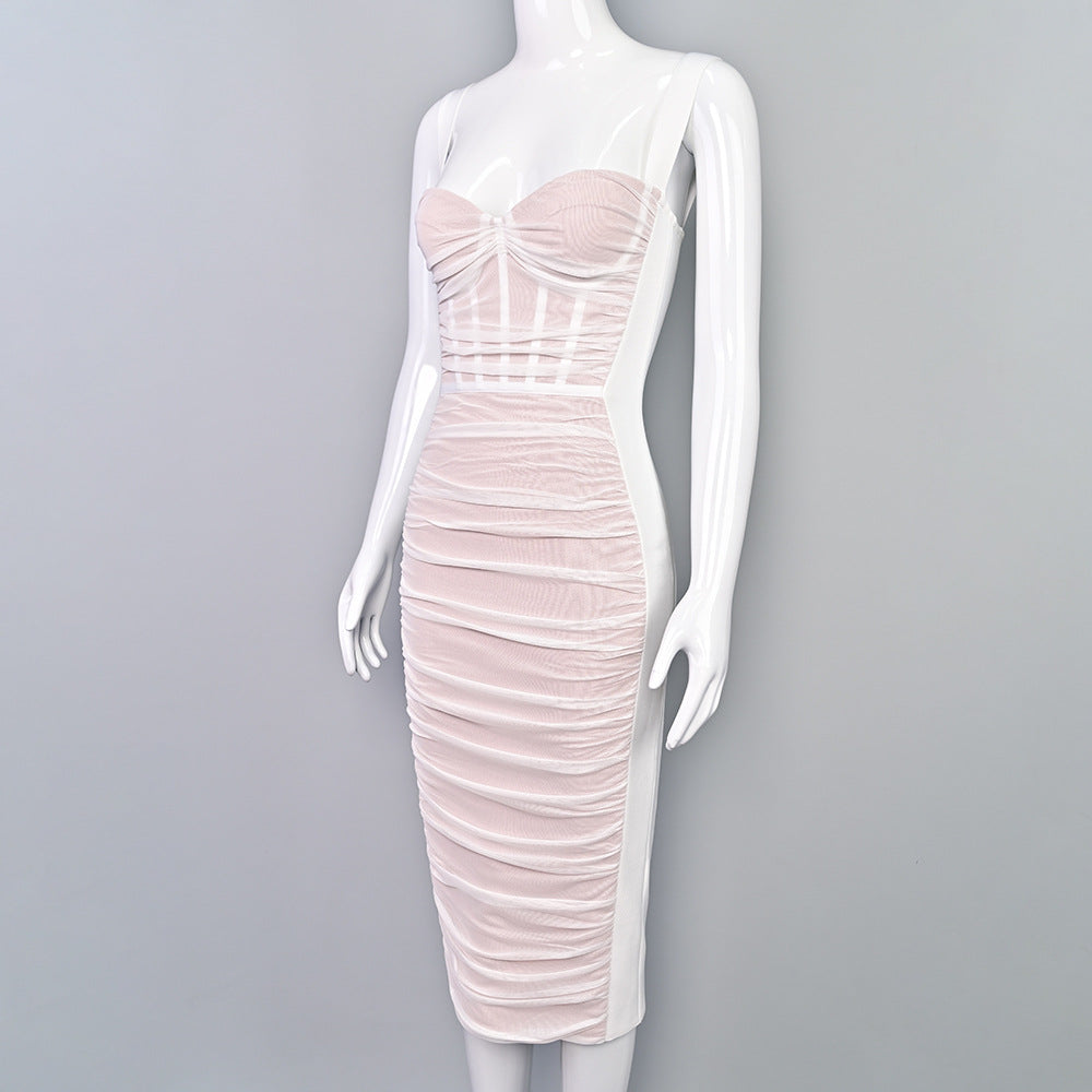 Pleated Mesh French Elegant Women Dress