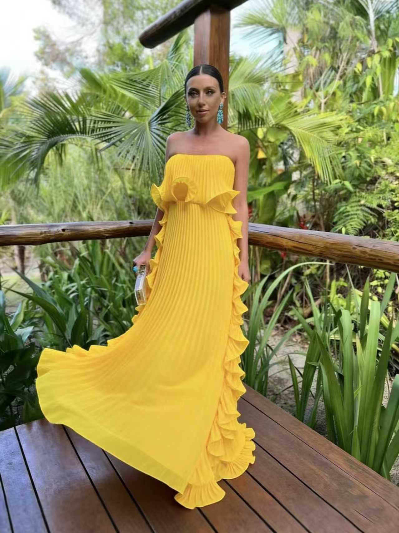 Pleated Off-Shoulder Flared Dress
