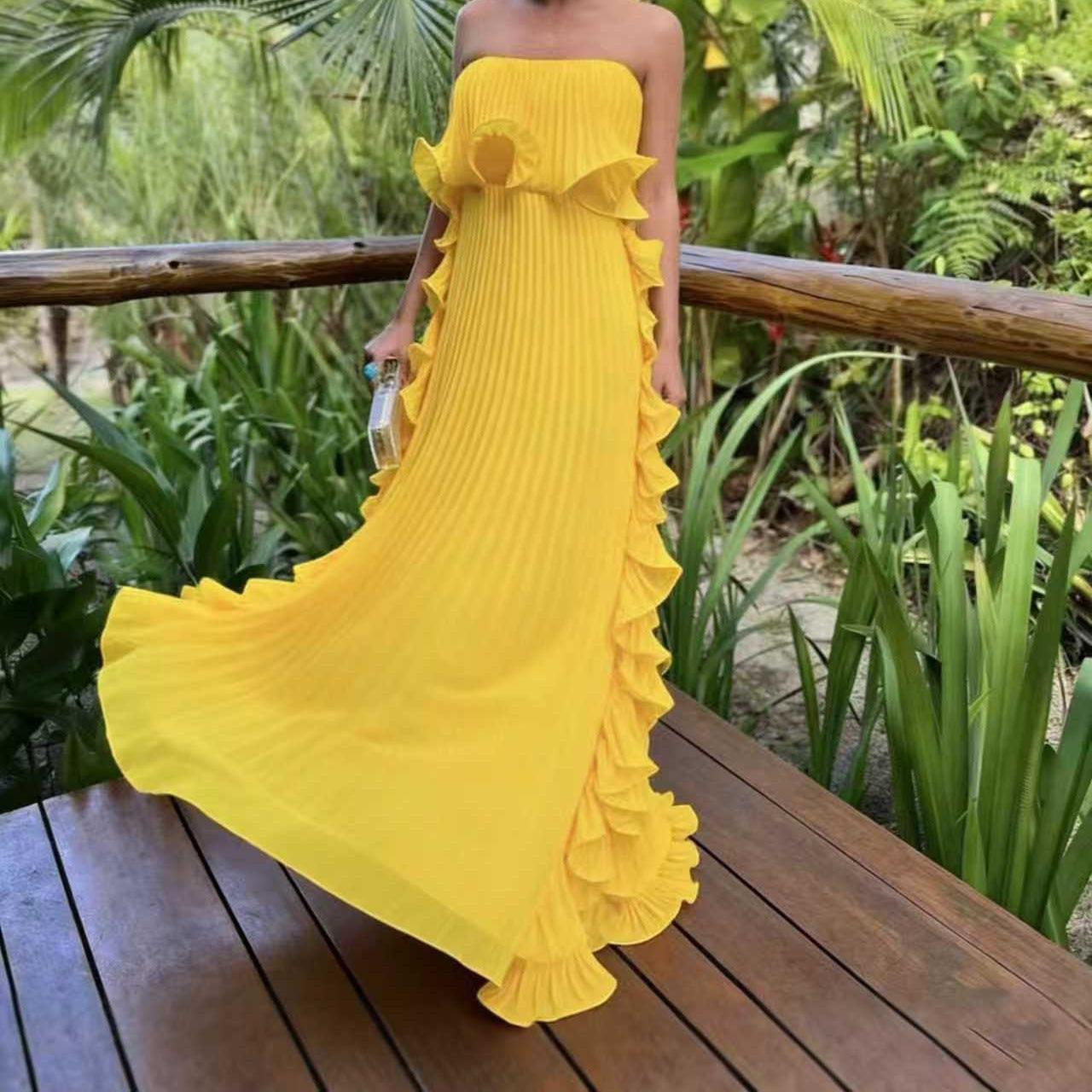 Pleated Off-Shoulder Flared Dress