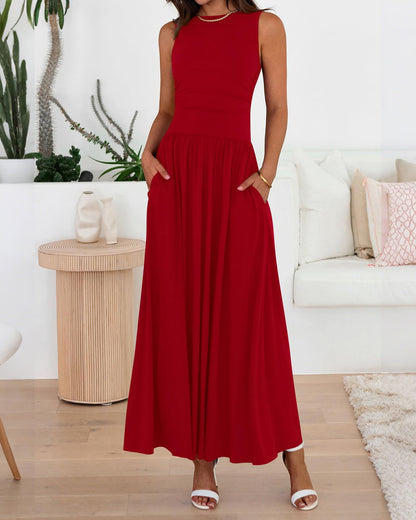 Pleated Pocket Long Dress