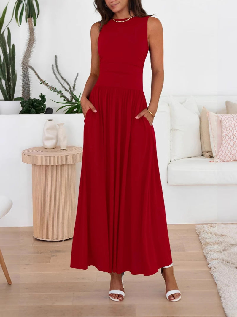 Pleated Pocket Long Dress