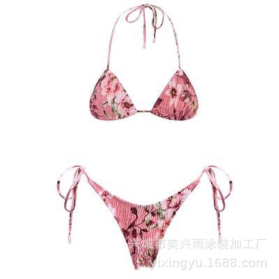 Pleated printed double-sided digital printed swimsuit with a new lace-up triangular bikini