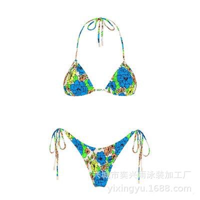 Pleated printed double-sided digital printed swimsuit with a new lace-up triangular bikini