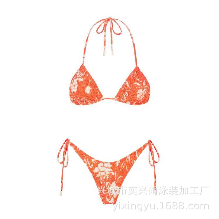 Pleated printed double-sided digital printed swimsuit with a new lace-up triangular bikini