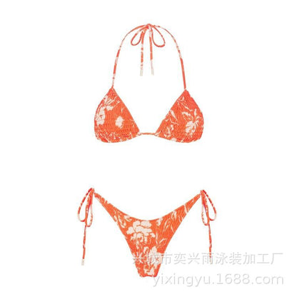 Pleated printed double-sided digital printed swimsuit with a new lace-up triangular bikini