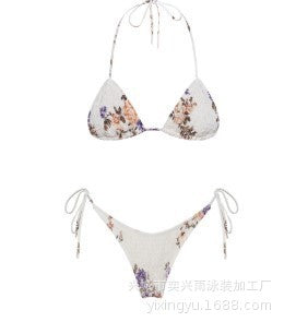Pleated printed double-sided digital printed swimsuit with a new lace-up triangular bikini