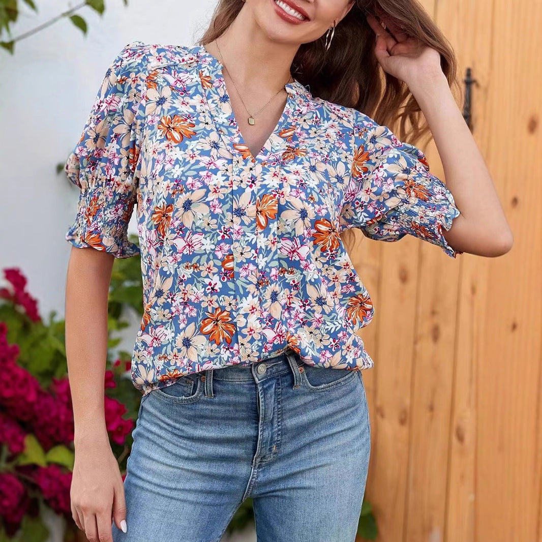 Pleated Sleeve Simple Slim Chiffon Shirt