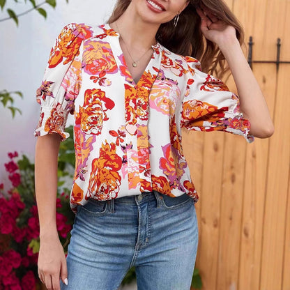 Pleated Sleeve Simple Slim Chiffon Shirt