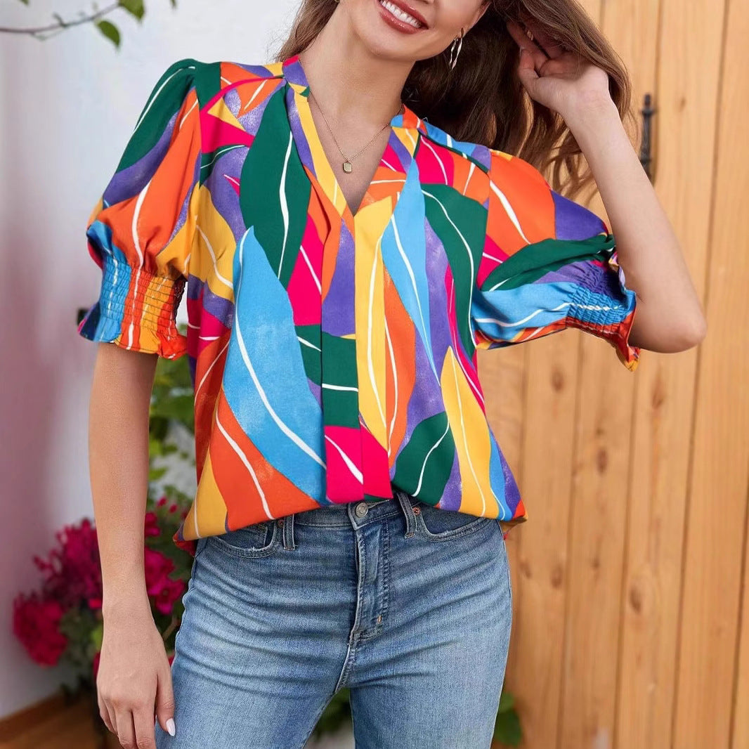 Pleated Sleeve Simple Slim Chiffon Shirt