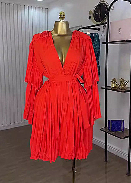 Pleated Tie-Waist Batwing Sleeve Dress