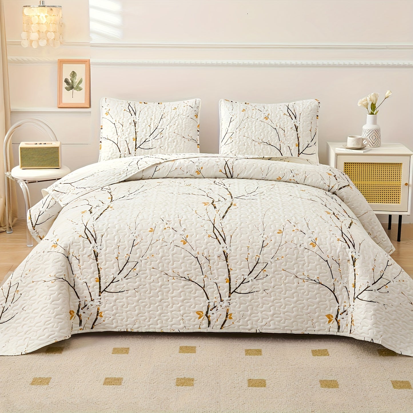 Plum Blossom White Quilt Set King Size Reversible