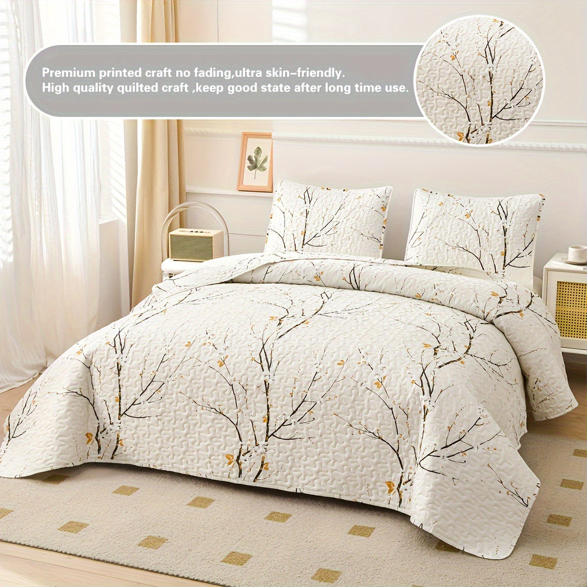 Plum Blossom White Quilt Set King Size Reversible