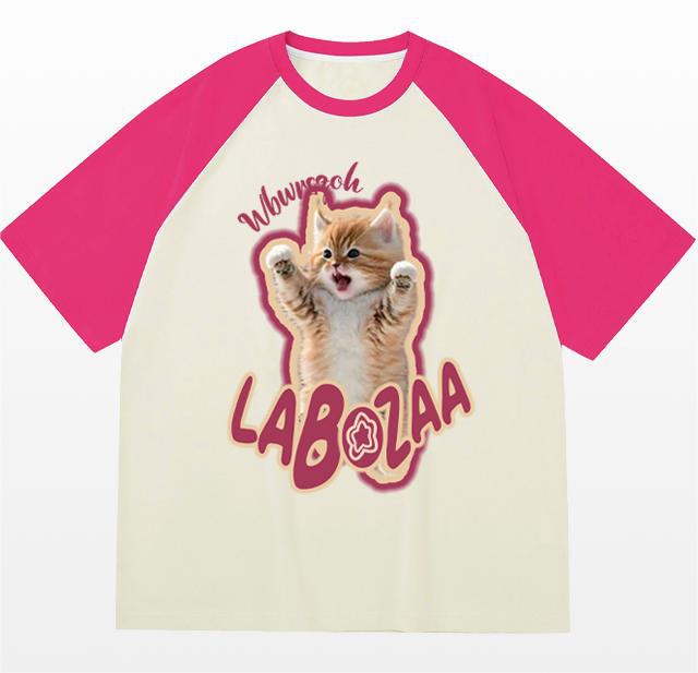 Plus Size Cotton Cat Printed Short Sleeve T-shirt