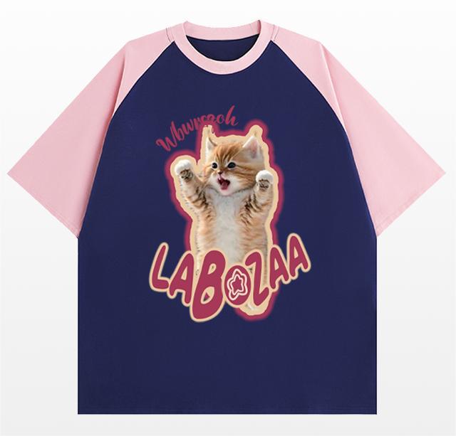 Plus Size Cotton Cat Printed Short Sleeve T-shirt