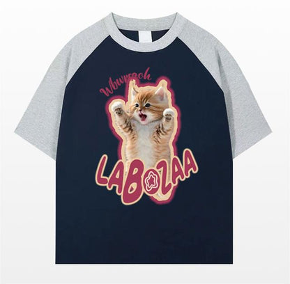 Plus Size Cotton Cat Printed Short Sleeve T-shirt