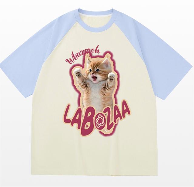Plus Size Cotton Cat Printed Short Sleeve T-shirt