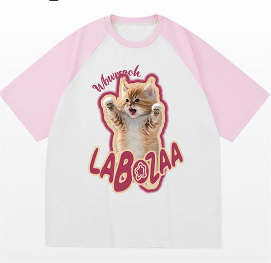 Plus Size Cotton Cat Printed Short Sleeve T-shirt