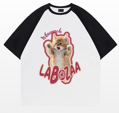 Plus Size Cotton Cat Printed Short Sleeve T-shirt