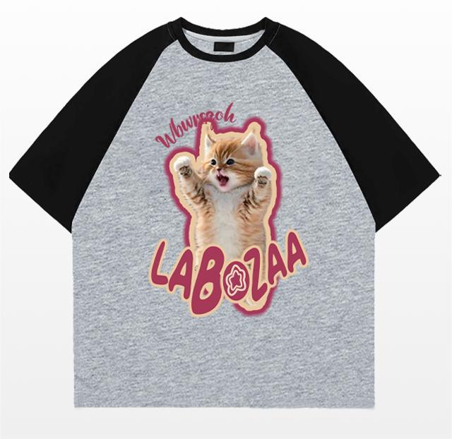 Plus Size Cotton Cat Printed Short Sleeve T-shirt