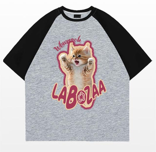 Plus Size Cotton Cat Printed Short Sleeve T-shirt