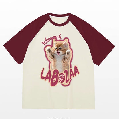 Plus Size Cotton Cat Printed Short Sleeve T-shirt