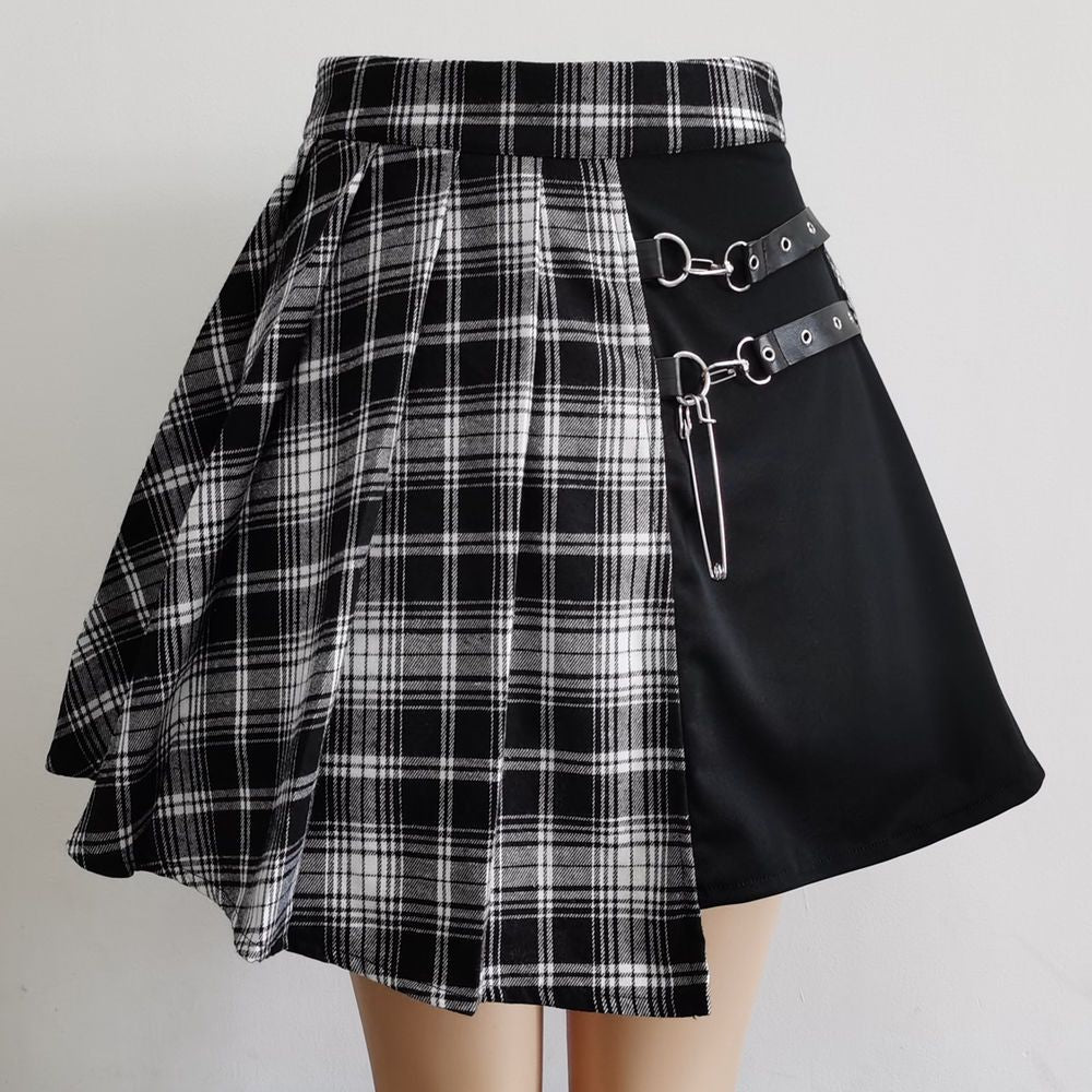 Plus Size Fat mm Skirt Pants Skirt Punk Jk Pleated Skirt Short Skirt Women's Spring & Fall Gothic Black and White Checkered Skirt