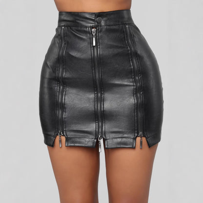 Plus Size High Waist Leather Skirt with Zipper Detail