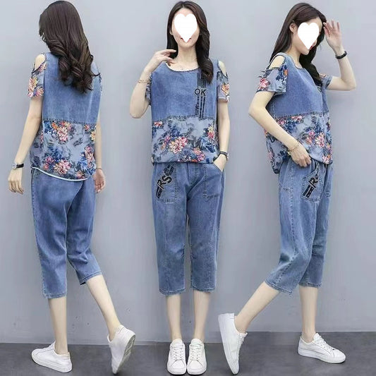 Plus-size women's slimming denim top and capri pants