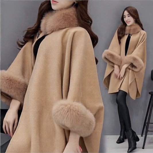 Plus Size Women's Woolen Cape Coat with Fur Collar