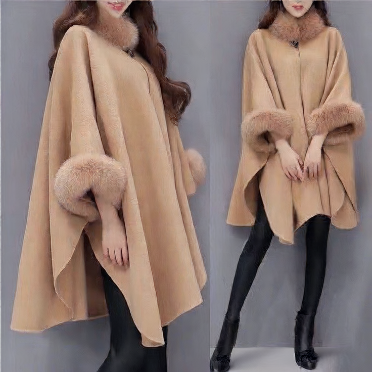 Plus Size Women's Woolen Cape Coat with Fur Collar