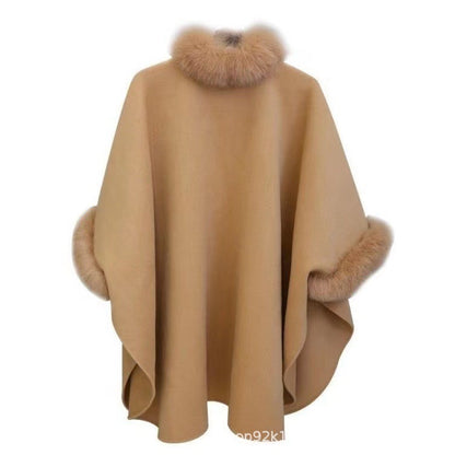 Plus Size Women's Woolen Cape Coat with Fur Collar