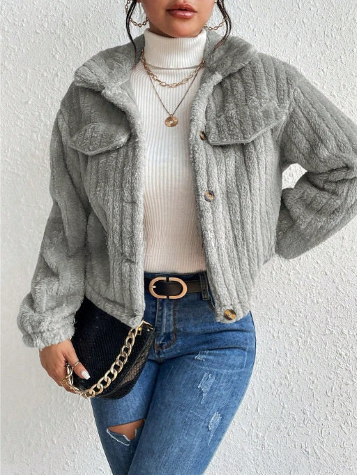 Plush jacket with lapel collar for autumn and winter