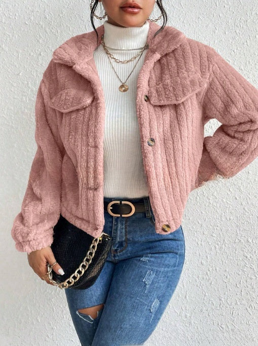 Plush jacket with lapel collar for autumn and winter