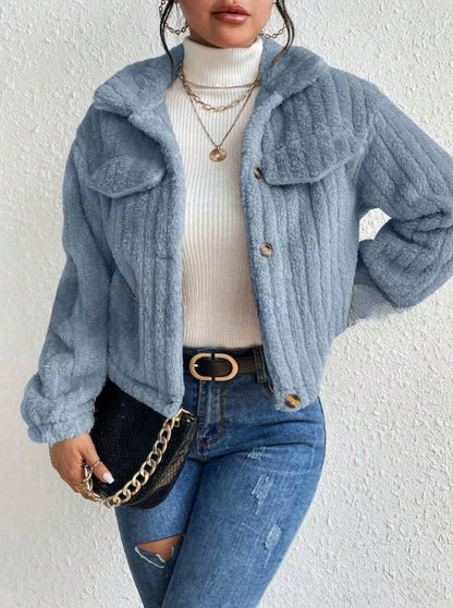 Plush jacket with lapel collar for autumn and winter