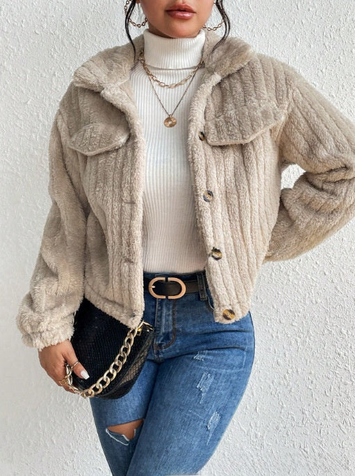 Plush jacket with lapel collar for autumn and winter