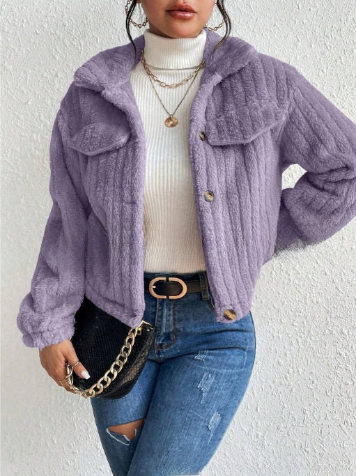 Plush jacket with lapel collar for autumn and winter