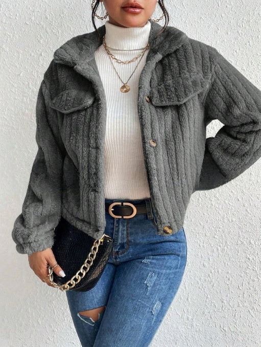 Plush jacket with lapel collar for autumn and winter