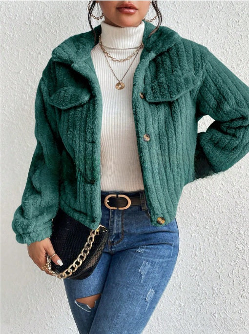Plush jacket with lapel collar for autumn and winter