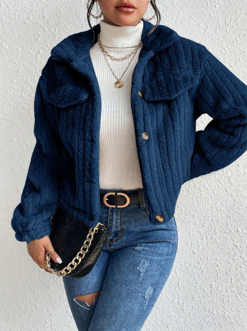 Plush jacket with lapel collar for autumn and winter