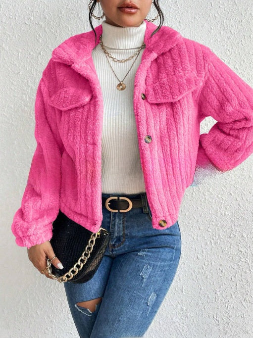Plush jacket with lapel collar for autumn and winter