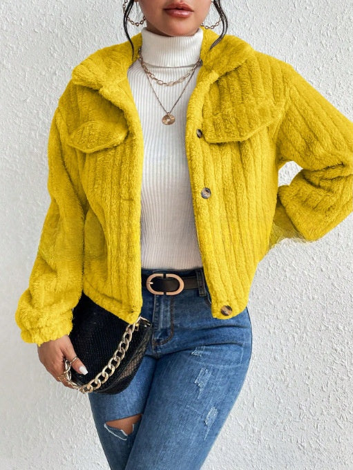 Plush jacket with lapel collar for autumn and winter