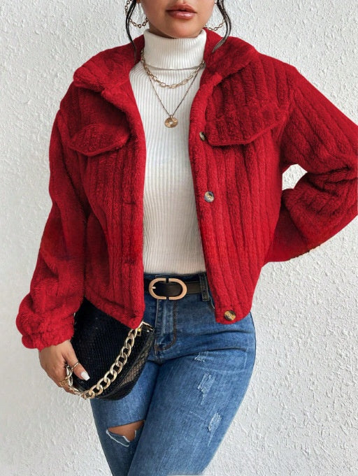 Plush jacket with lapel collar for autumn and winter