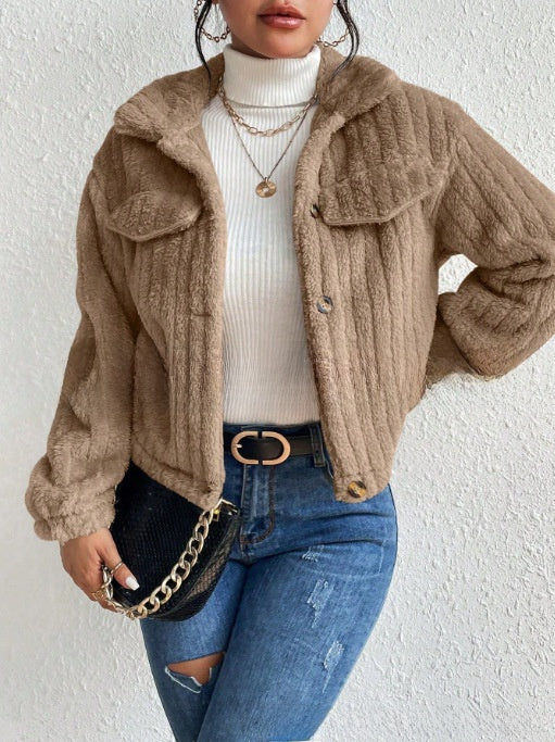 Plush jacket with lapel collar for autumn and winter