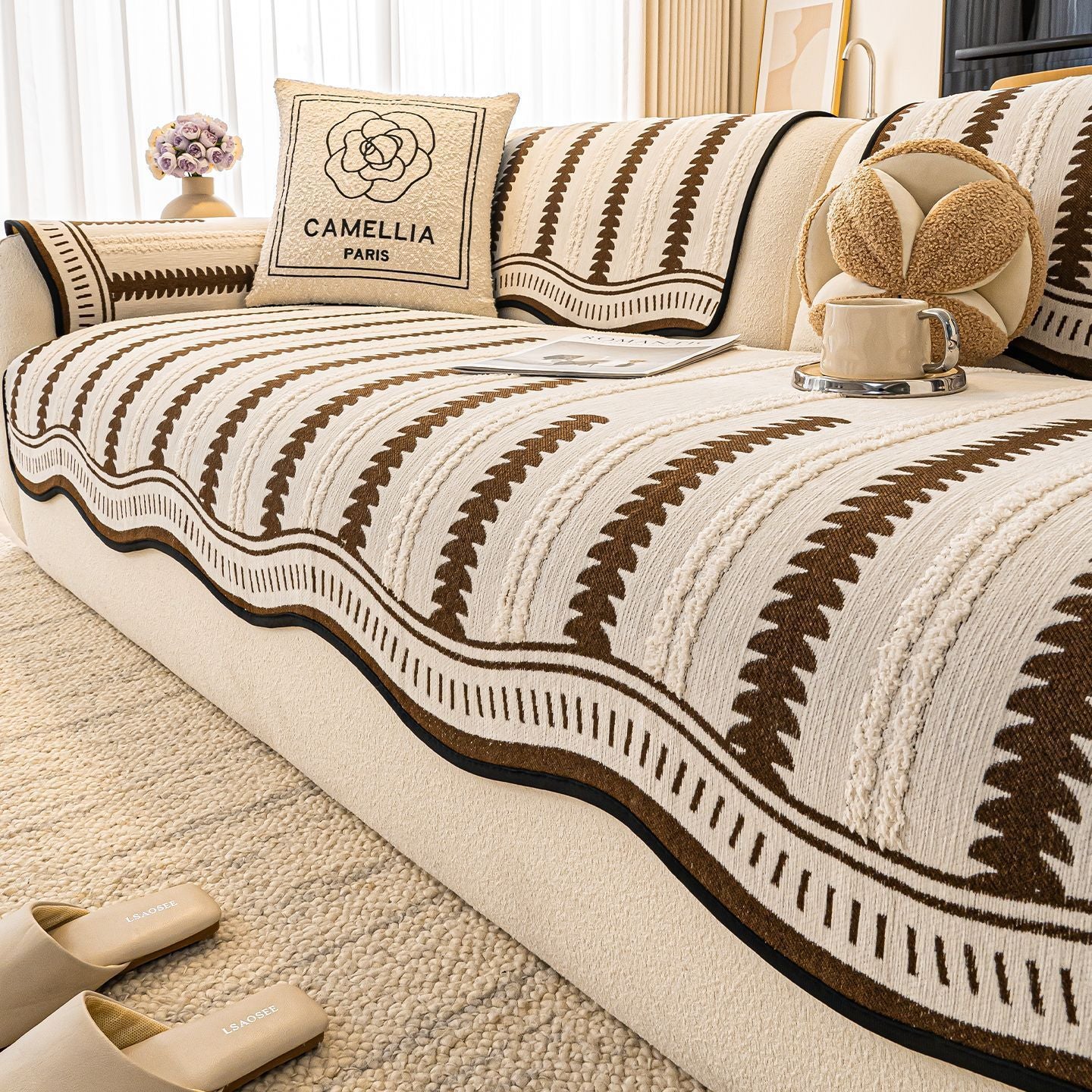 Plush Striped Sofa Cushion Cover