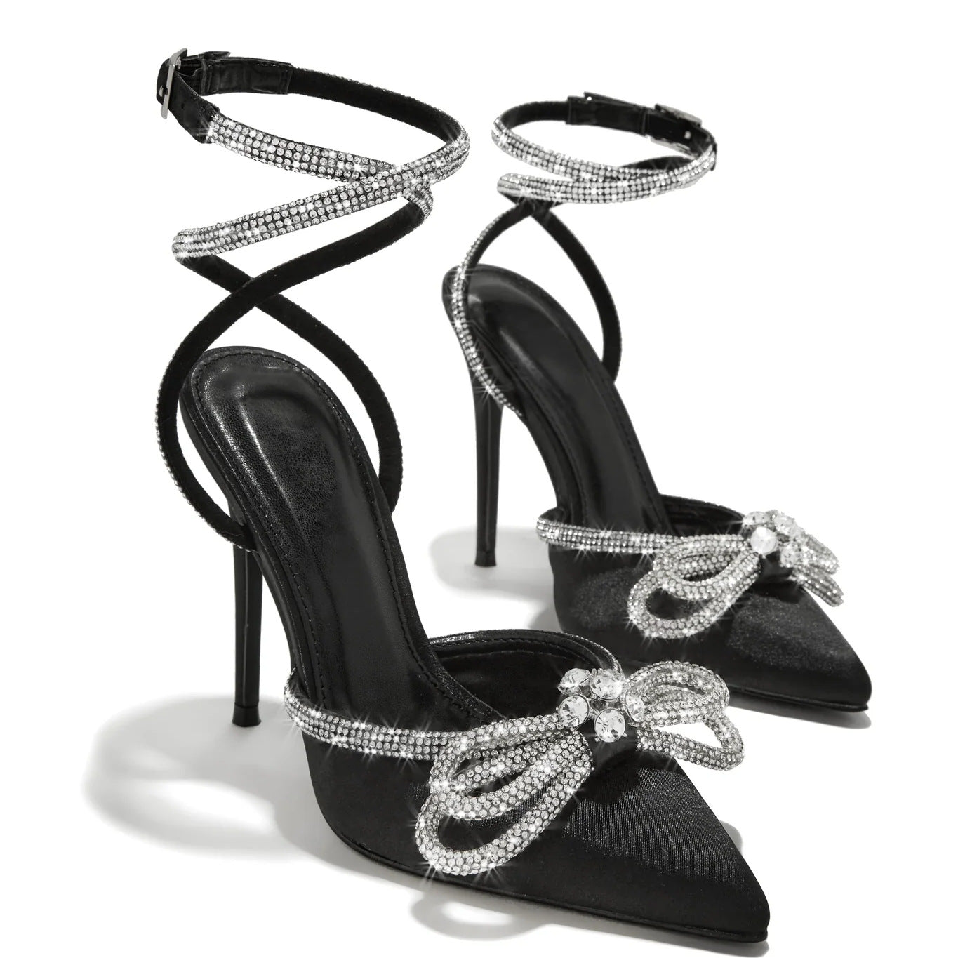 Pointed Rhinestone Bow Strap High Heel Shoes