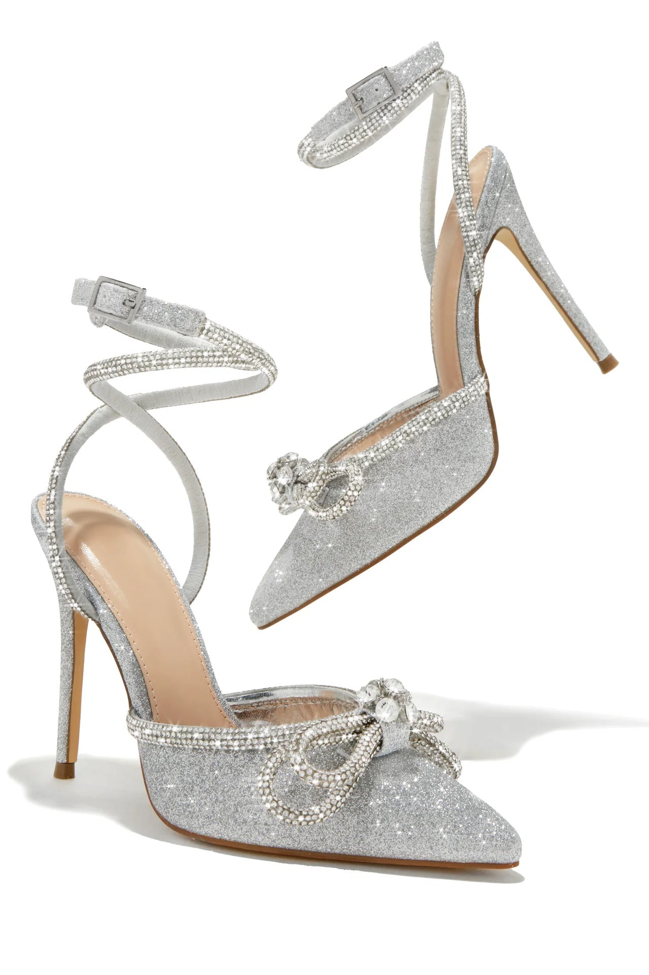Pointed Rhinestone Bow Strap High Heel Shoes