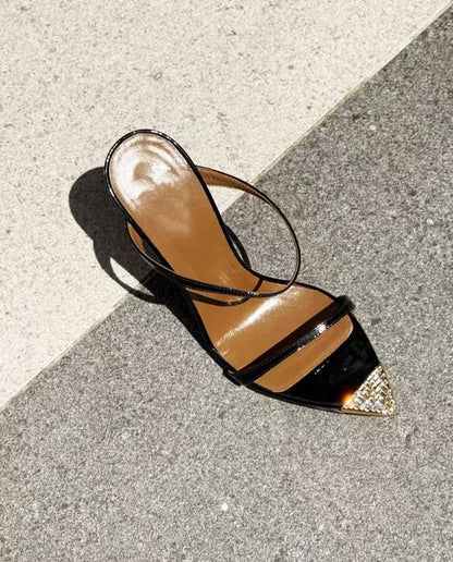 Pointed-toe rhinestone gold stilettos