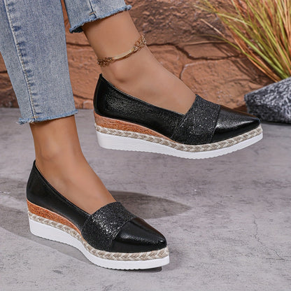 Pointed Toe Sequined Wedge Platform Shoes